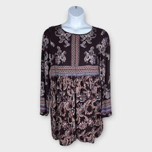 Knox Rose Dress 2XL Womens Mini Brown Long Sleeve Key Hole Back Paisley Print